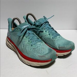 Hoka One One Clifton 8 Teal Running Shoes with Red Accent